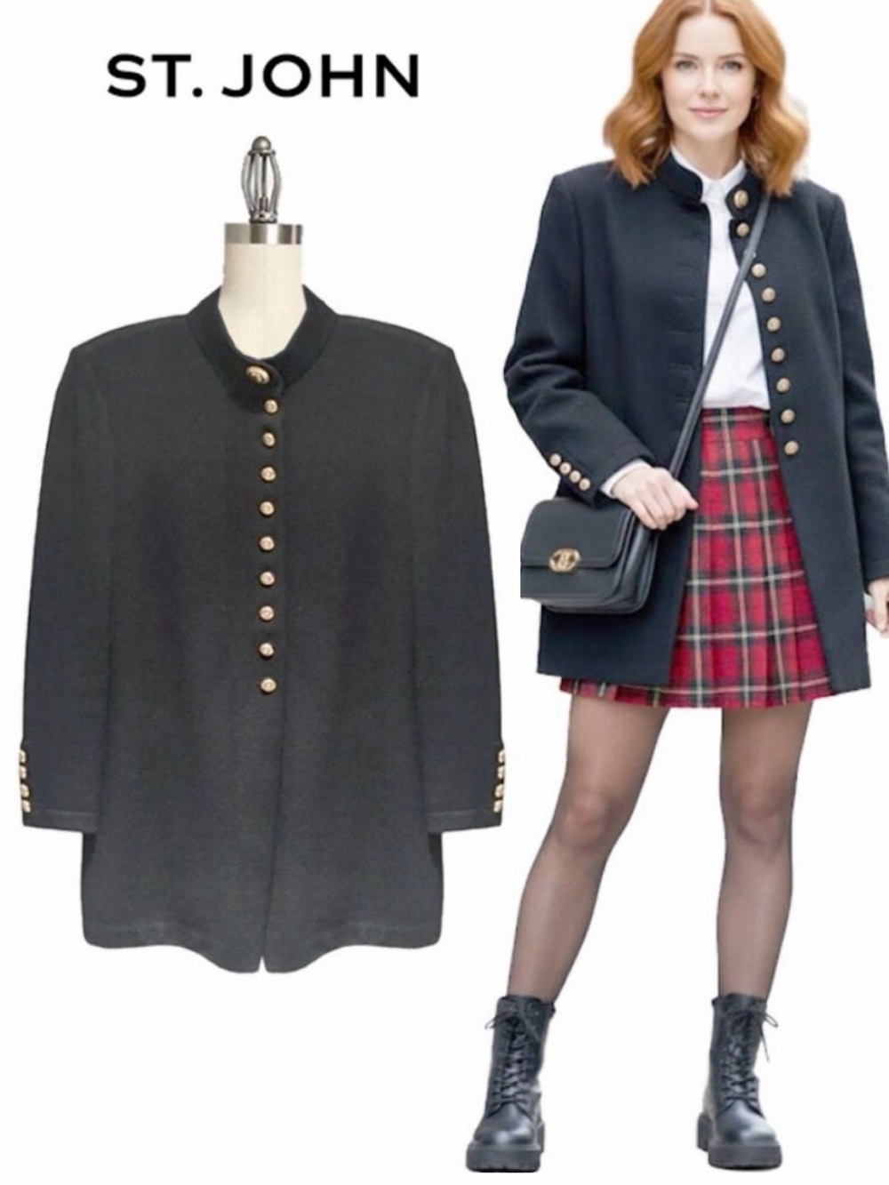 ST JOHN Black Military Front Button Kinit Cardigan Jacket